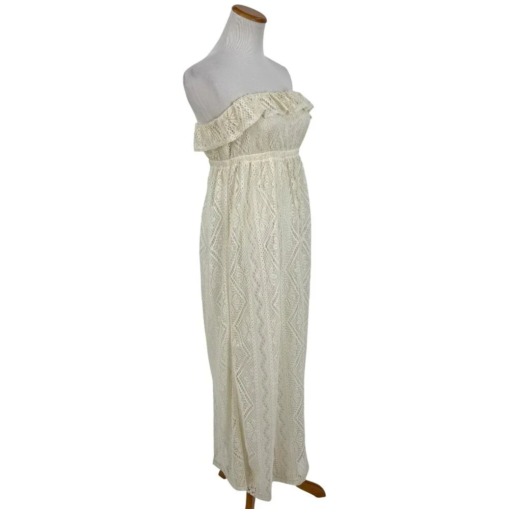Vtg F21 Cream Lace Ruffle Hem Strapless Maxi Dress | Y2K Coquette Coastal Boho S - Picture 8 of 16